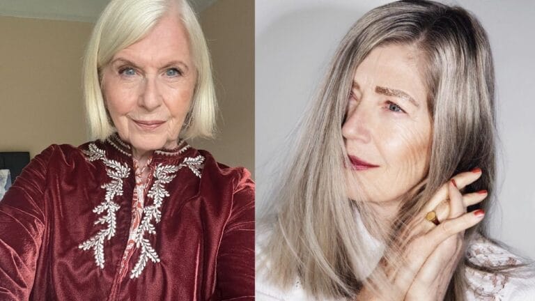These Elegant Hairstyles are Perfect for Women Over 70 With Fine Straight Hair Two women with elegant straight hairstyles, one with a short sleek blonde bob and the other with long silver hair styled with a soft side part.