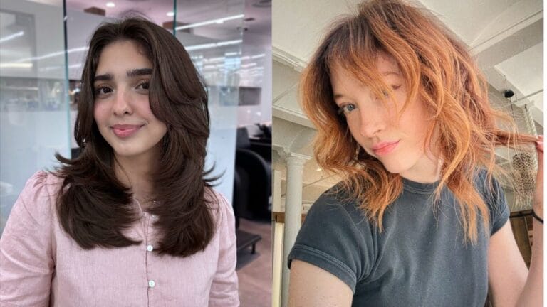 Side by side photo of two women with medium length summer hairstyles featuring soft layers, loose waves, and light textured movement.