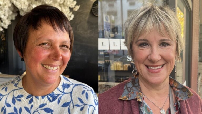 17+ Trendy Flattering Haircuts for Women Over 60 in 2025 to Embrace Your Style Two women showcasing short pixie-style haircuts — one with dark brown hair and a classic close-cropped pixie with wispy bangs, and the other with blonde hair styled in a layered, textured pixie with feathered bangs.