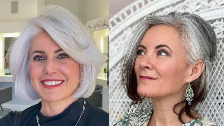 18+ Elegant Haircuts for Women Over 60 with Straight Hair to Highlight Natural Shine A side-by-side comparison of two elegant hairstyles for women over 60 — one featuring a sleek platinum-white bob with a sweeping side part, and the other showcasing a salt-and-pepper short style with dark underneath layers swept back, accessorized with chandelier earrings.