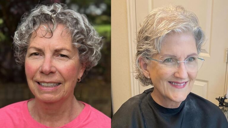 18+ Gorgeous Curly Haircuts for Women Over 60 to Celebrate Your Curls Short, curly gray hair styled in soft, bouncy ringlets close to the head, shown on two women — one with natural salt-and-pepper curls and another with highlighted silver waves swept back with volume at the crown.