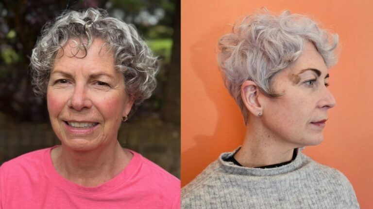 Two women showcase stylish short haircuts, featuring a salt-and-pepper curly bob on the left and a textured, wavy lavender-grey pixie cut with tapered sides on the right.