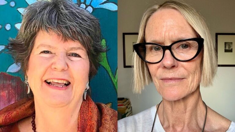 19+ Chic Haircuts for Women Over 60 That Are Trending Everywhere Two side-by-side portraits displaying chic haircuts, featuring a textured, salt-and-pepper pixie cut and a blunt, chin-length blonde bob.