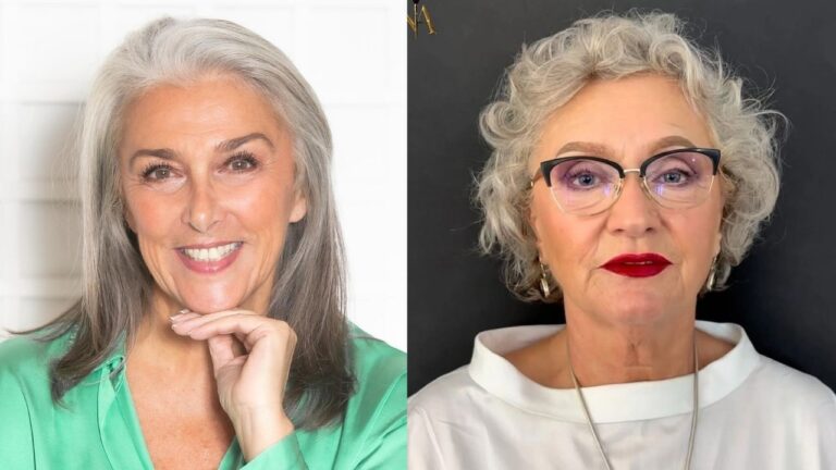 19+ Modern Grey Haircuts for Women Over 60 to Celebrate Your Natural Color Two women with natural grey hair showcasing different styles — one with long, sleek layers and the other with short, voluminous curls.