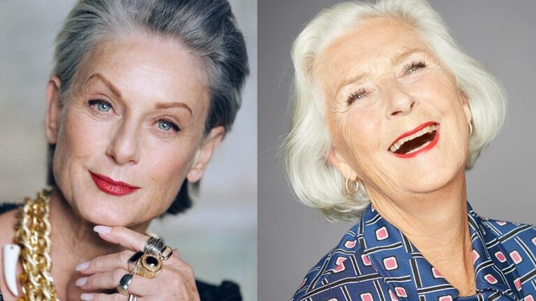 19+ Sophisticated Hair Ideas for Women Over 60 to Look Instantly Put-Together A side-by-side comparison of two women, featuring a sleek, swept-back salt-and-pepper short style on the left and a voluminous, bright white chin-length bob with soft waves on the right.