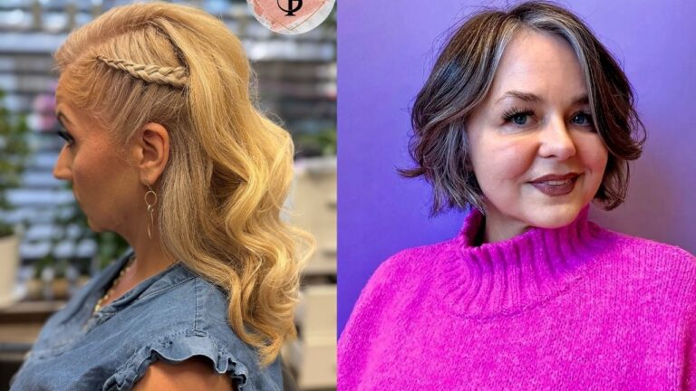 19+ Stylish Hair Ideas for Women Over 60 to Embrace a Youthful Vibe Two side-by-side portraits displaying dynamic hairstyles, featuring a long blonde look styled in loose waves with an accent side braid and a wavy, chin-length brunette bob with subtle face-framing silver highlights.