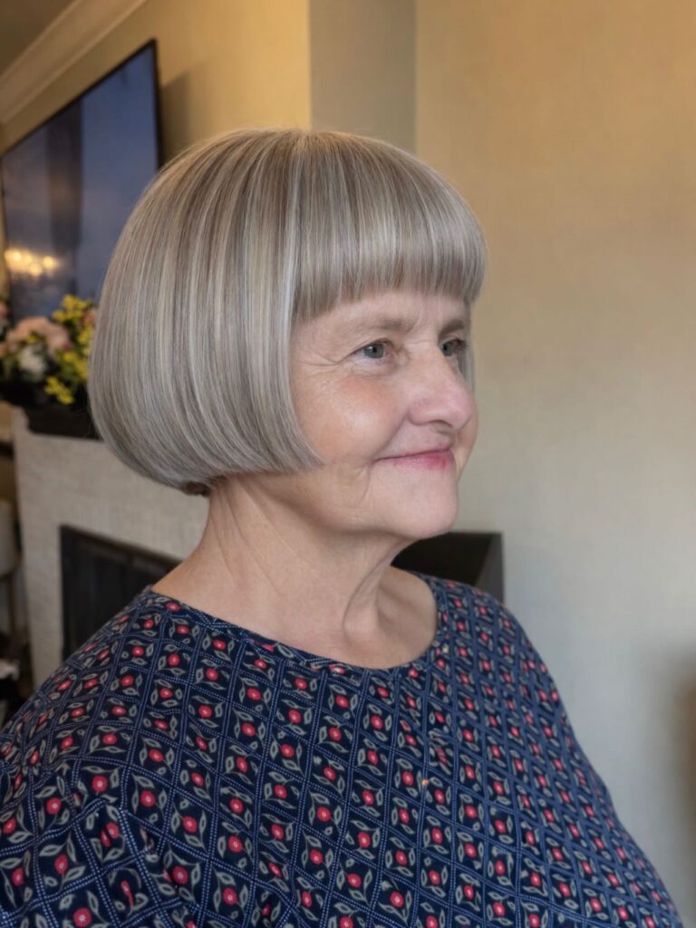 A three-quarter profile view of a smiling older woman with a sleek, precisely cut pageboy bob haircut with blunt bangs in an ash blonde-silver shade.