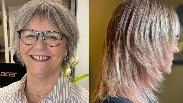 20+ Modern Hairstyles for Women Over 60 to Stay Stylish at Any Age A side-by-side comparison of two hairstyles, featuring a piecey, textured grey pixie cut with thin bangs on the left and a mid-length, heavily layered blonde shag with face-framing feathered edges on the right.