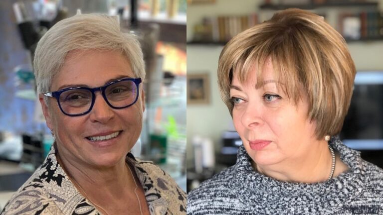 20+ Very Short Hairstyles for Women Over 60 That Are Bold and Beautiful A side-by-side comparison of two short hairstyles for older women: a platinum blonde pixie cut on the left and a layered honey-blonde bob with side-swept bangs on the right.