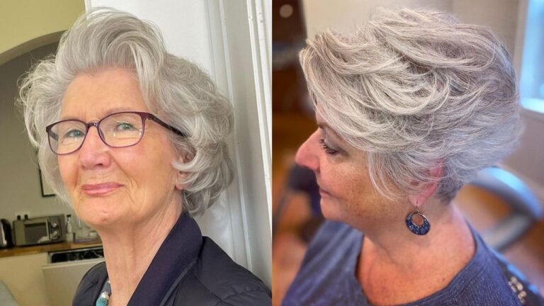 21+ Classy Short Grey Hairstyles for Women Over 60 That Radiate Confidence Two women present classy short grey hairstyles, featuring a sleek silver-grey pixie cut with subtle top volume on the left and a textured salt-and-pepper crop with soft, wispy layers on the right.