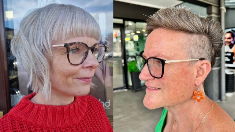 21+ Stylish Edgy Cuts for Women Over 60 That Make a Statement Side-by-side edgy hairstyles for women over 60 featuring a silver textured bob with blunt bangs and a gray undercut pixie with voluminous swept-back layers.