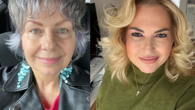 A side-by-side comparison of two women showing a textured, salt-and-pepper pixie cut with flicked-out ends on the left and a voluminous blonde mid-length style with soft, face-framing curls on the right.