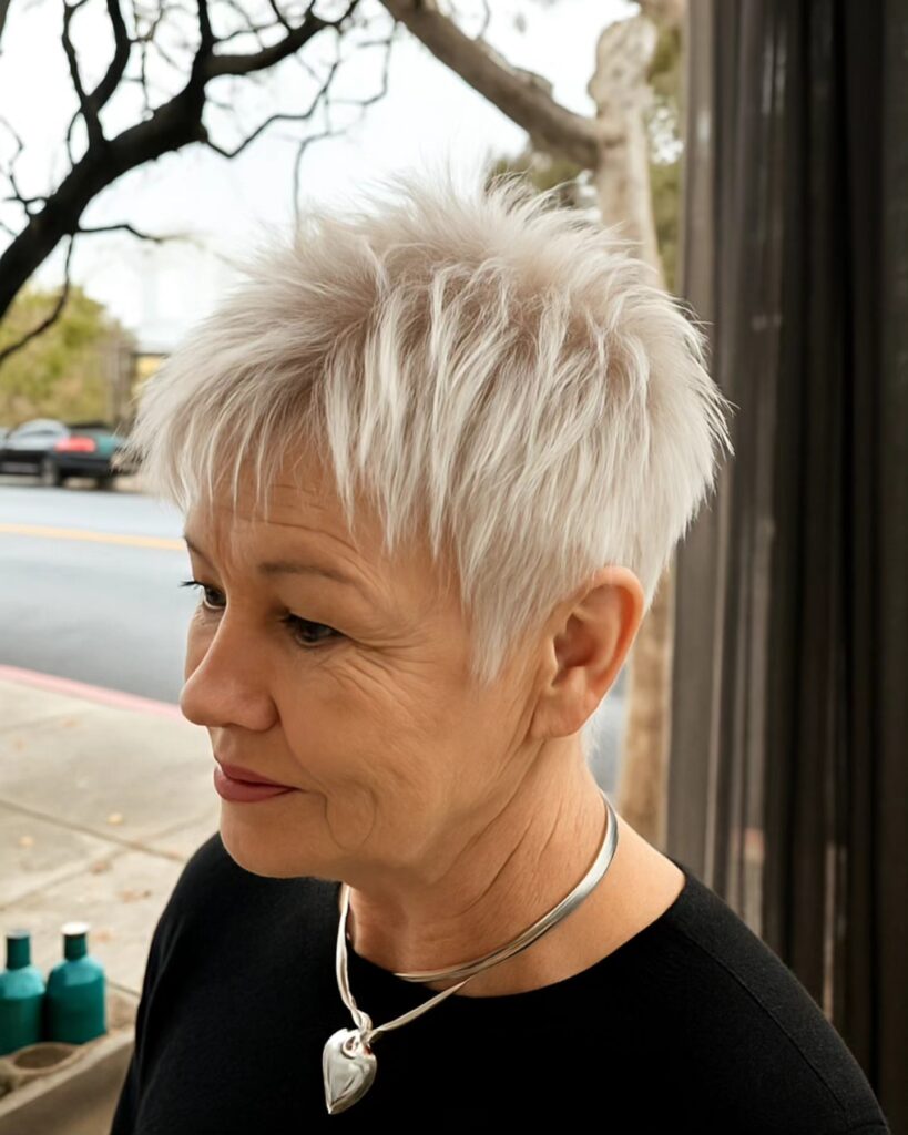 Platinum spiky pixie haircut with textured layers and feathered fringe.