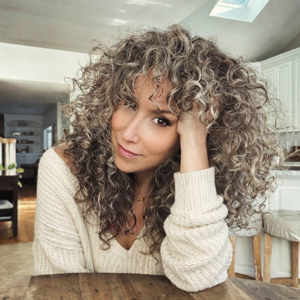 Long layered salt and pepper curly hairstyle with voluminous natural curls.