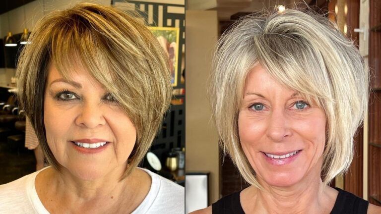 22+ Stylish Hairstyles for Women Over 60 with Fine Hair That Look Thicker Two women wearing short layered bob hairstyles with wispy bangs and textured ends — one in warm golden-brown tones and one in silver-white — both styled to add volume and fullness.