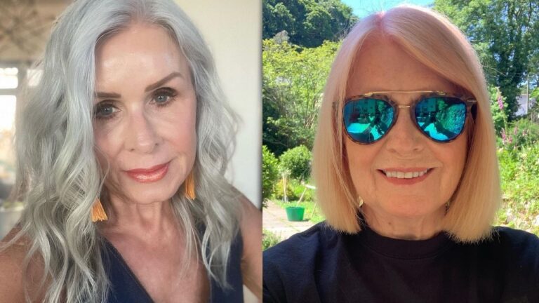 22+ Stylish Hairstyles for Women Over 60 with Thinning Hair That Look Thicker Two women over 60 showcasing hairstyles for thinning hair: one with long, flowing silver-gray waves and the other with a sleek, chin-length blonde bob.