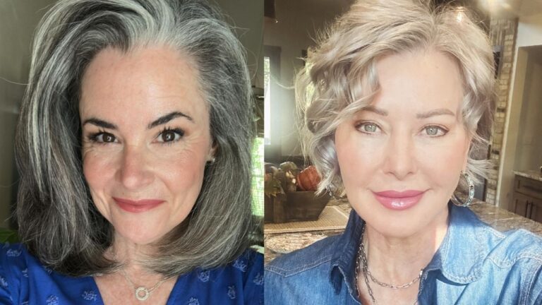 Two side-by-side portraits showcasing stylish hairstyles, featuring a voluminous, shoulder-length salt-and-pepper look with a deep side sweep and a wavy, chin-length silver-blonde cut with soft face-framing curls.