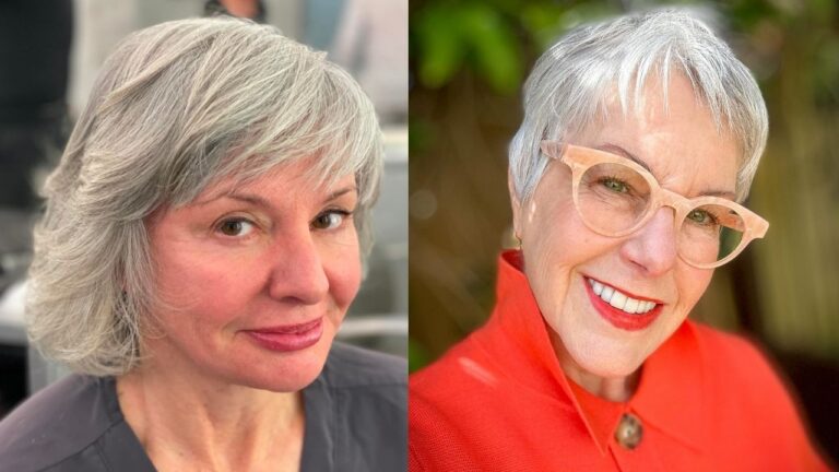 A side-by-side comparison of two women from the file "23+ Wash-and-Wear Hair Ideas for Women Over 60 Who Prefer a Natural Look.jpg" featuring a textured, side-swept grey bob with layered volume on the left and a short, sleek silver pixie cut with wispy bangs on the right.