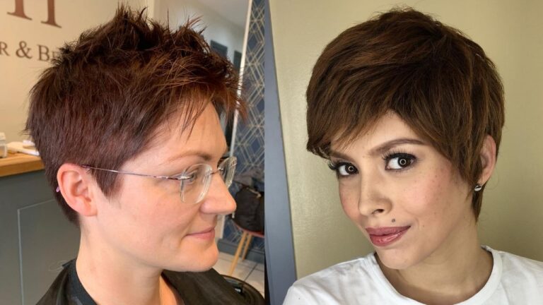 25+ Chic Summer Pixie Hairstyles for a Fresh and Airy Look A side-by-side photo of two women with short chestnut brown pixie cuts, showing a piecey, spiky textured option on the left and a soft, side-swept layered style on the right.