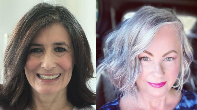 25+ Flattering Gorgeous Hairstyles for Women Over 60 in 2025 to Stay Stylish A side-by-side comparison showing two flattering hairstyles for mature women: a dark brown shoulder-length straight style with a center part on the left, and a voluminous silver-gray wavy bob swept to the side on the right.