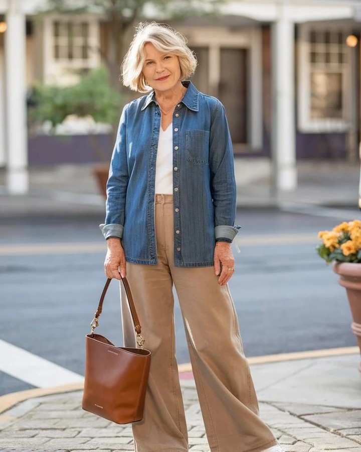 A woman over 60 with a textured long brunette shag hairstyle featuring face-framing layers and full feathery bangs.