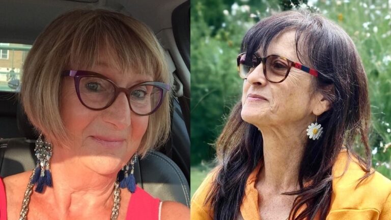 Two women over 60 showcasing flattering hairstyles: a blonde chin-length bob with soft bangs on the left, and long dark brunette hair with curtain bangs on the right.