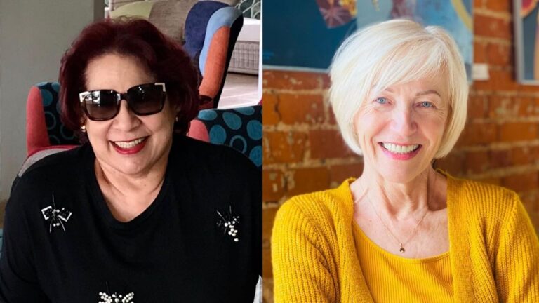 25+ Gorgeous Hairstyles for Women Over 60 with Thin Hair to Boost Body and Shape A side-by-side photo showing two hairstyles for women over 60 with thin hair: on the left, a short burgundy-red curly style with volume and texture, and on the right, a sleek platinum blonde chin-length bob with a side sweep.