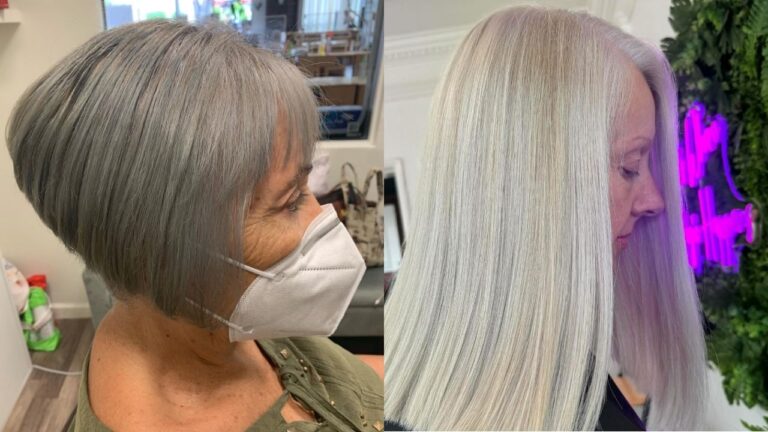 25+ Sleek and Chic Hairstyles for Women Over 60 to Try This Season Two side-by-side profile views of sleek silver hairstyles, featuring a sharp, stacked wedge cut with straight bangs and an ultra-smooth, long straight style with a soft side part.