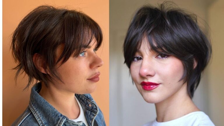 25+ Stunning Summer Hairstyles with Bangs for Short Hair A side-by-side photo showing short dark brown haircuts with bangs, featuring a textured bob with wispy fringe on the left and a soft layered pixie bob with curtain bangs on the right.