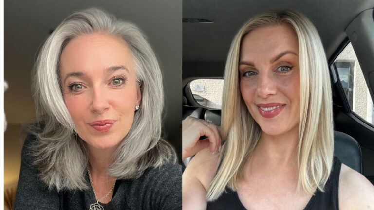 A side-by-side photo showing medium-length hair options for women in their 40s, featuring voluminous silver-gray hair with side-swept layers on the left and a sleek, straight platinum blonde lob with a middle part on the right.