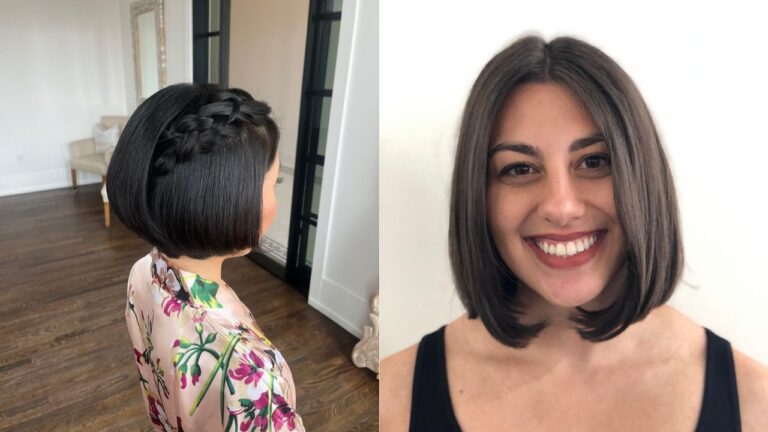 Sleek dark bob haircut with a smooth rounded shape, center part, and a braided detail along one side for a polished modern look.