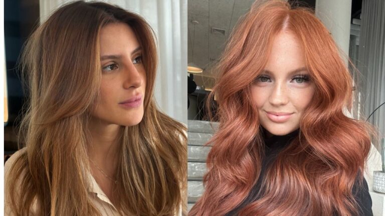 25+ Trendy Summer Hair Color Ideas You’ll Want to Try This Season A side-by-side photo showing long layered hairstyles, featuring a warm caramel brown hair color with subtle highlights on the left and a rich strawberry blonde copper shade with soft waves on the right.