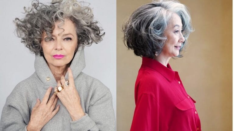 Curly Hairstyles for Women Over 60 That Make Easy Hair Days Feel Chic Short voluminous gray curly hairstyle with soft layered curls framing the face and creating a rounded shape.