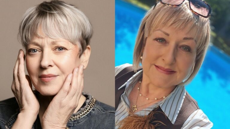Two women showcase beautiful short hairstyles for women over 60, featuring a layered silver-blonde bob with wispy fringe on the left and a feathered platinum pixie cut with soft, eye-skimming bangs on the right.