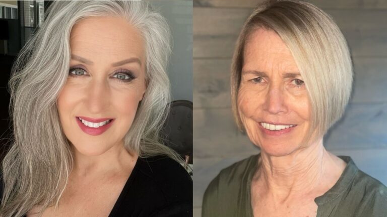 18+ Chic Haircuts for Women Over 60 with No Bangs That Feel Fresh and Elegant Two side-by-side portraits displaying chic haircuts, featuring a long, flowing silver style with a deep side part and a sleek, chin-length blonde bob.