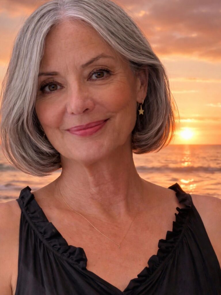 A woman with a chin-length salt-and-pepper rounded bob featuring a side part and no bangs.
