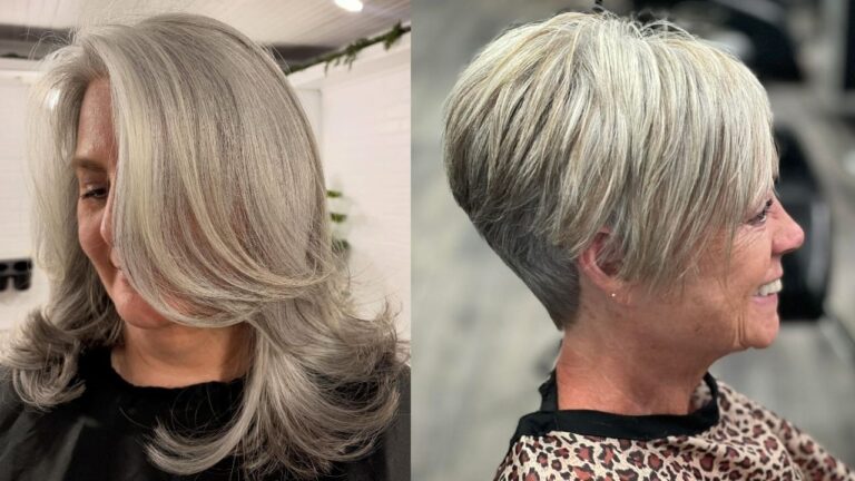 19+ Stylish Layered Hair Ideas for Women Over 60 That Defy Age Beautifully This side-by-side image showcases two stylish layered hair ideas for women over 60, featuring a long silver style with elegant face-framing swoops on the left and a chic, tapered pixie cut with textured grey layers on the right.