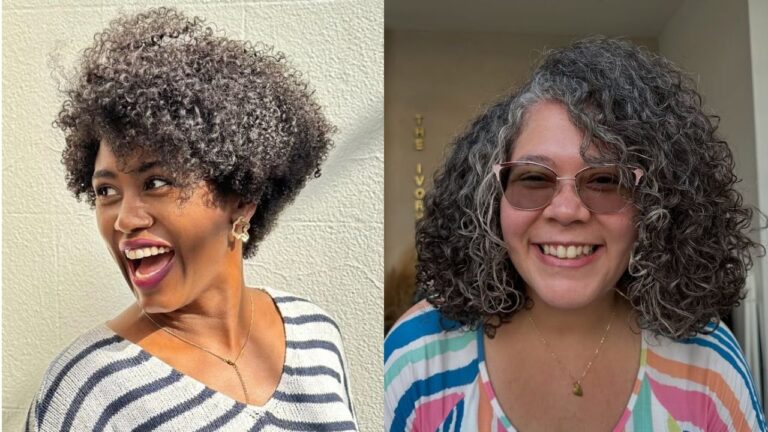 19+ Stylish Short Cuts for Women Over 60 with Round Faces That Create a Soft, Balanced Look Side by side view of short natural curly afro and shoulder length curly gray bob with defined ringlets and volume.