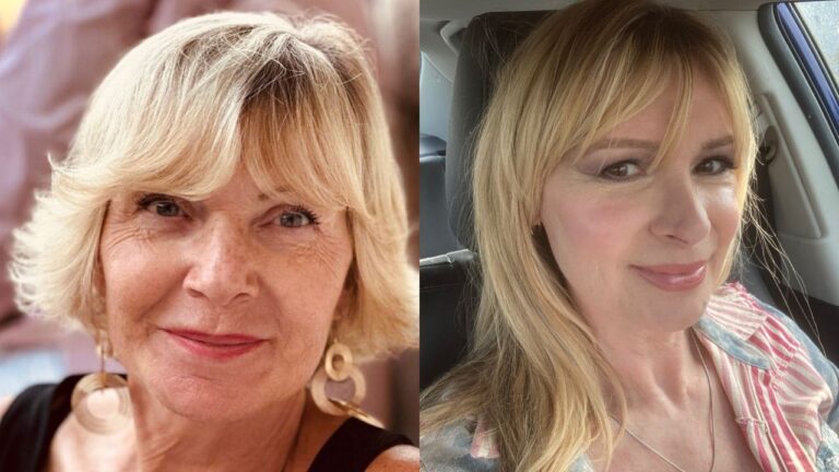 This side-by-side comparison features two women over 60 with blonde hair and bangs, showcasing a short, layered bob with feathered fringe on the left and long, straight hair with soft, wispy bangs on the right.