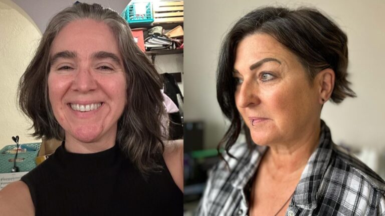 Two women display bold asymmetrical haircuts for women over 60, featuring a textured salt-and-pepper pixie with an undercut on the left and a sleek, silver-grey angled bob on the right.