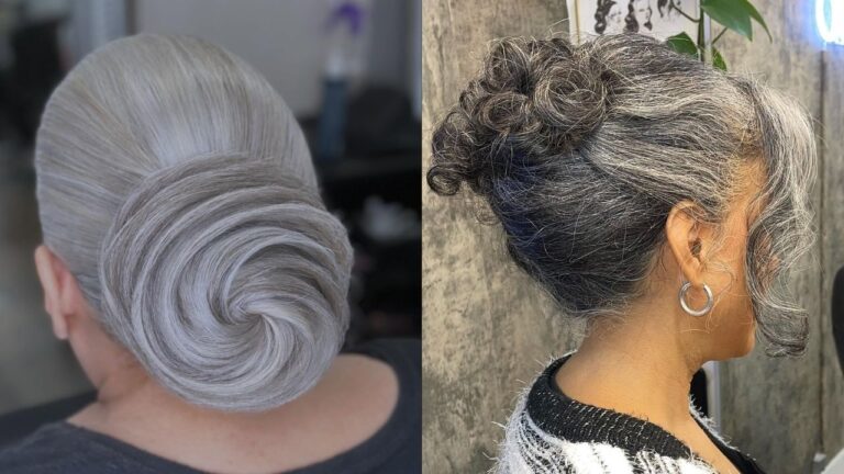 20+ Elegant Updo Hairstyles for Women Over 60 That Are Perfect for Any Occasion This side-by-side comparison displays two elegant updos for women over 60, featuring a sleek, sculptural silver rose bun on the left and a soft, textured salt-and-pepper curly updo with face-framing tendrils on the right.