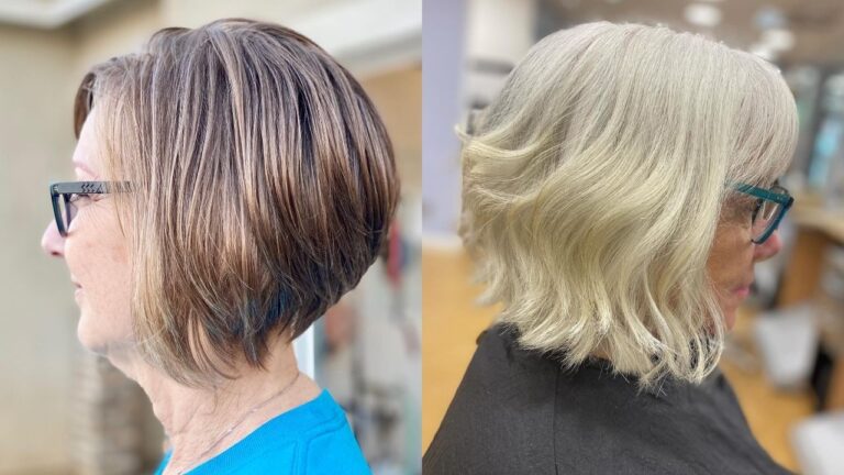 20+ Inverted Bob Hairstyles for Women Over 60 That Add Shape and Style A side-by-side comparison of two chic bob hairstyles for women over 60, featuring a sleek, graduated brunette bob on the left and a soft, wavy platinum blonde bob on the right, both paired with glasses.