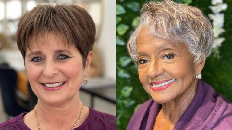 Two women showcase stylish short haircuts, featuring a textured brunette pixie cut with soft, wispy bangs on the left and a sophisticated, wavy silver-grey bob with polished volume on the right.
