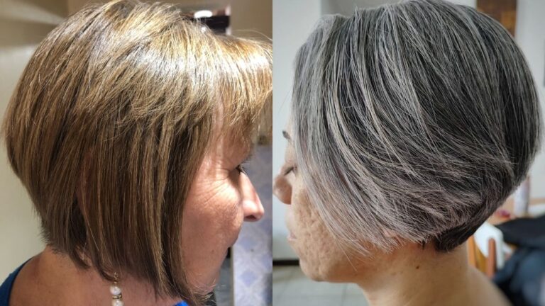 21+ Short and Chic Bob Hairstyles for Women Over 60 to Try This Season Two women showcase modern short hairstyles in profile, featuring a sleek honey-blonde bob with straight, feathered ends on the left and a textured silver-grey pixie cut with sharp, tapered layers on the right.