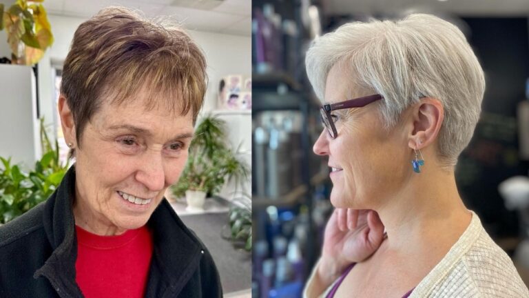 21+ Youthful Short Pixie Haircuts for Women Over 60 That Are Easy to Style This side-by-side comparison features two short hairstyles for women over 60, showcasing a textured, brunette pixie cut with wispy bangs on the left and a sleek, side-swept silver pixie cut paired with glasses on the right.