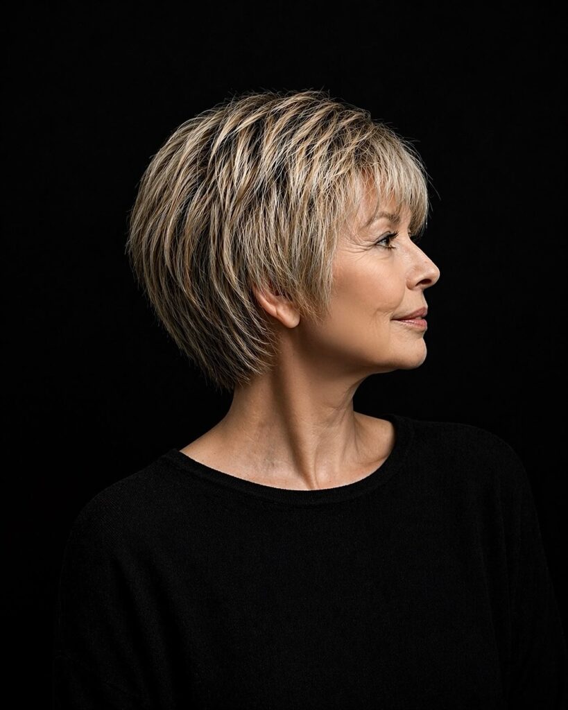A woman over 60 is seen from the profile wearing an elegant ash blonde bixie cut with textured layers and a wispy fringe.