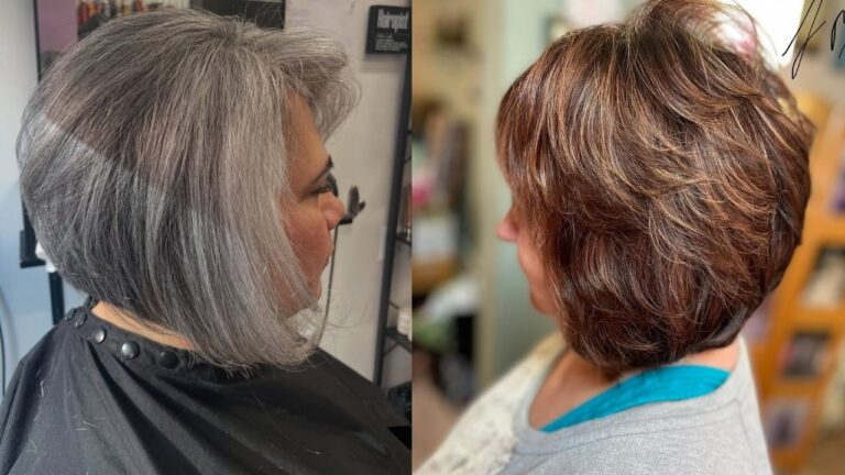 This side-by-side comparison displays two short, layered hairstyles: a sleek, graduated silver-grey bob on the left and a voluminous, feathered brunette bob with warm highlights on the right.