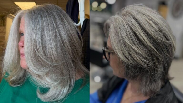 This side-by-side image highlights two chic medium-layered haircuts for women over 60, featuring a shoulder-length silver style with face-framing feathered layers on the left and a textured salt-and-pepper bob with shorter, swept-back layers on the right.
