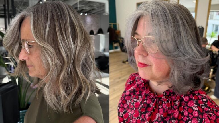 23+ Beautiful Medium Grey Haircuts for Women Over 60 That Celebrate Graceful Aging This side-by-side comparison displays two elegant medium-length grey hairstyles for women over 60, featuring soft, beachy waves with bright silver highlights on the left and a voluminous, layered silver blowout with face-framing feathered bangs on the right.