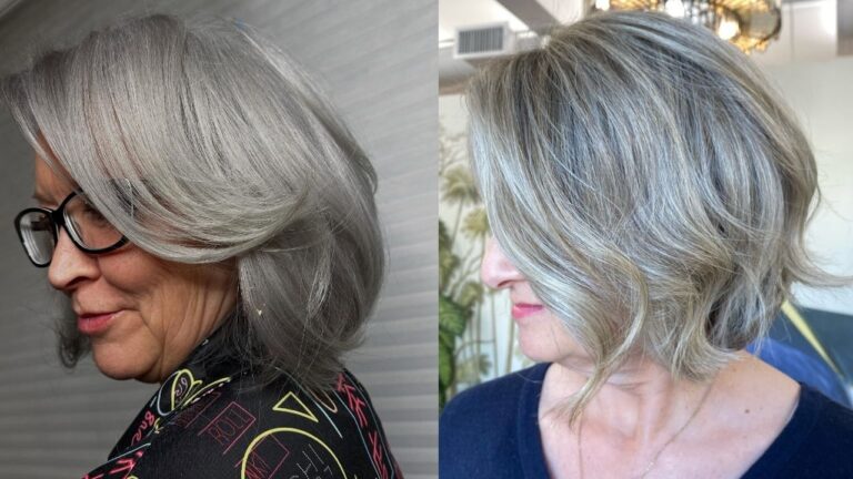 Two women showcase elegant silver-grey hairstyles, featuring a sleek, voluminous bob with face-framing layers on the left and a textured, wavy shoulder-length cut with soft highlights on the right.